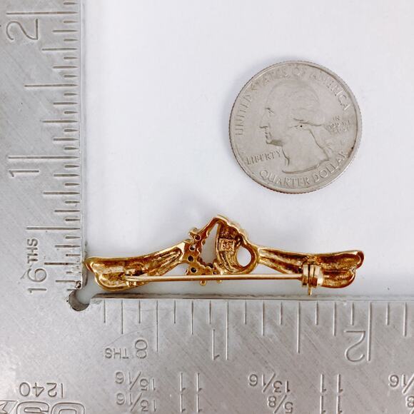 Vintage Heart Ribbon Pin JC Signed Mid Century Gold Filled Bar Brooch Red Ruby - Picture 10 of 12